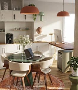 Un rendu réaliste 3d d'un bureau de direction moderne et ensoleillé avec une table ronde en marbre vert, quatre chaises rembourrées, un ordinateur portable, des fleurs dans un vase et des armoires blanches encastrées. Des lampes suspendues et des plantes d'intérieur ajoutent une atmosphère chaleureuse.