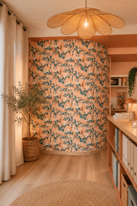 L'intérieur de l'agence immobilière ABCD à Toulouse dont l'un des murs incurvés est recouvert d'un papier peint à motifs floraux colorés, aménagée par "Les Intérieurs de Marine". Des tons chauds et naturels, une suspension en rotin, une plante en pot et des étagères bien rangées viennent parachever le décor.
